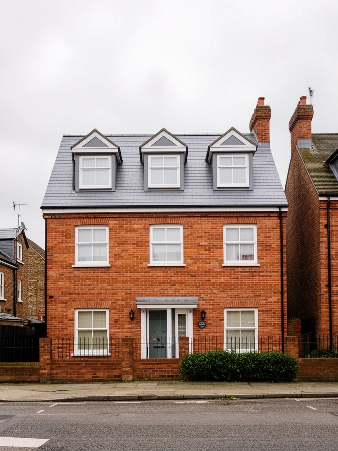 Two storey concrete frame house with brick slip cladding and a pitched roof