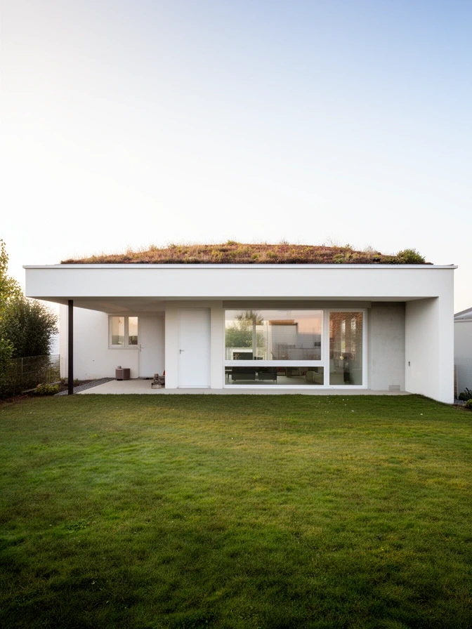Single storey concrete frame bungalow with a flat roof and render finish