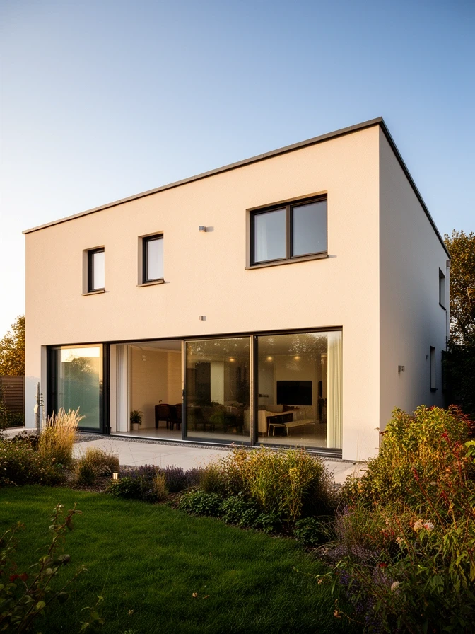 Detached concrete frame house with large ground floor glazing and a render finish