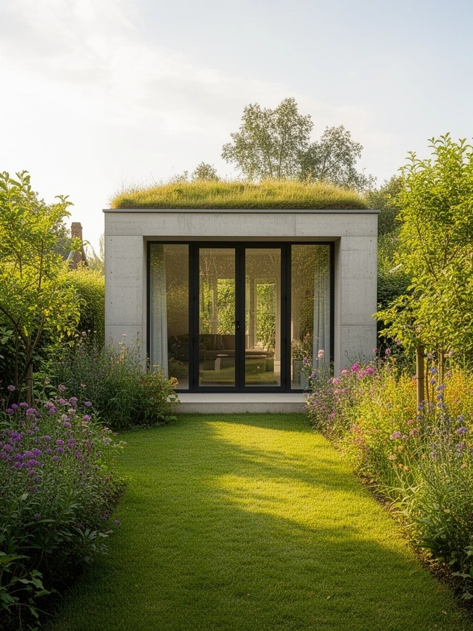 Small concrete garden studio with a glazed front and green roof