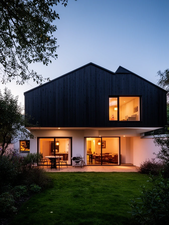 Four bedroom concrete frame house with a projecting first floor and timber cladding
